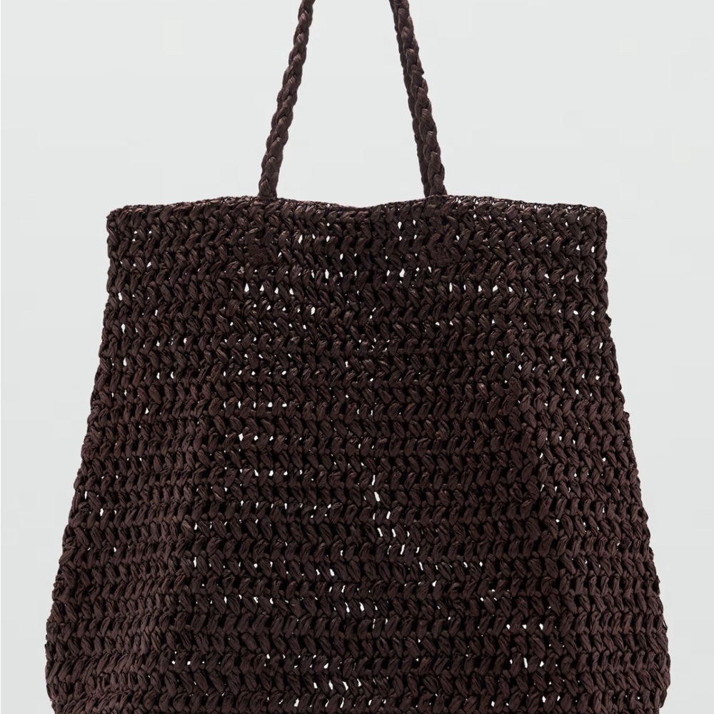 Mango Natural Fibers Chocolate  Brown Woven Tote Beach Bag